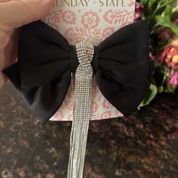 Sunday State Hair Clip With Black Polyester Bow Dripping Rhinestone Detail - Picture 5 of 11